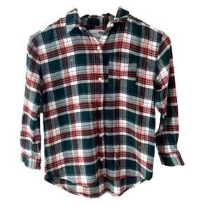 Old Navy Boyfriend Tunic Button Front Shirt - White Green Red Plaid - L 10-12